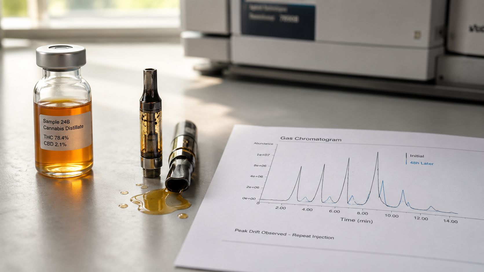 Laboratory testing equipment with cannabis distillate, vape cartridges, and a gas chromatogram analysis report on a table.