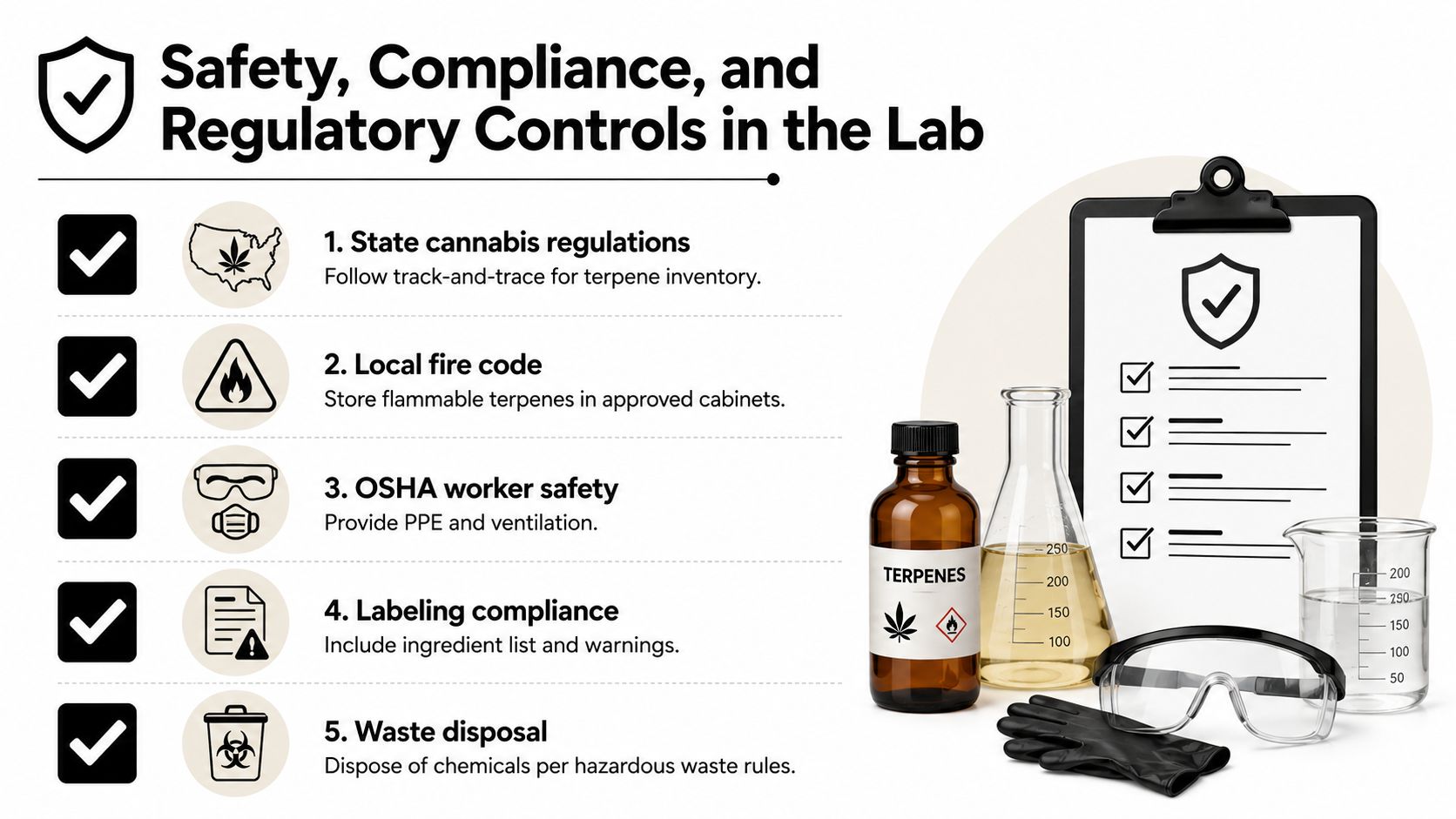 A safety infographic titled Safety, Compliance, and Regulatory Controls in the Lab, illustrating five key laboratory requirements.