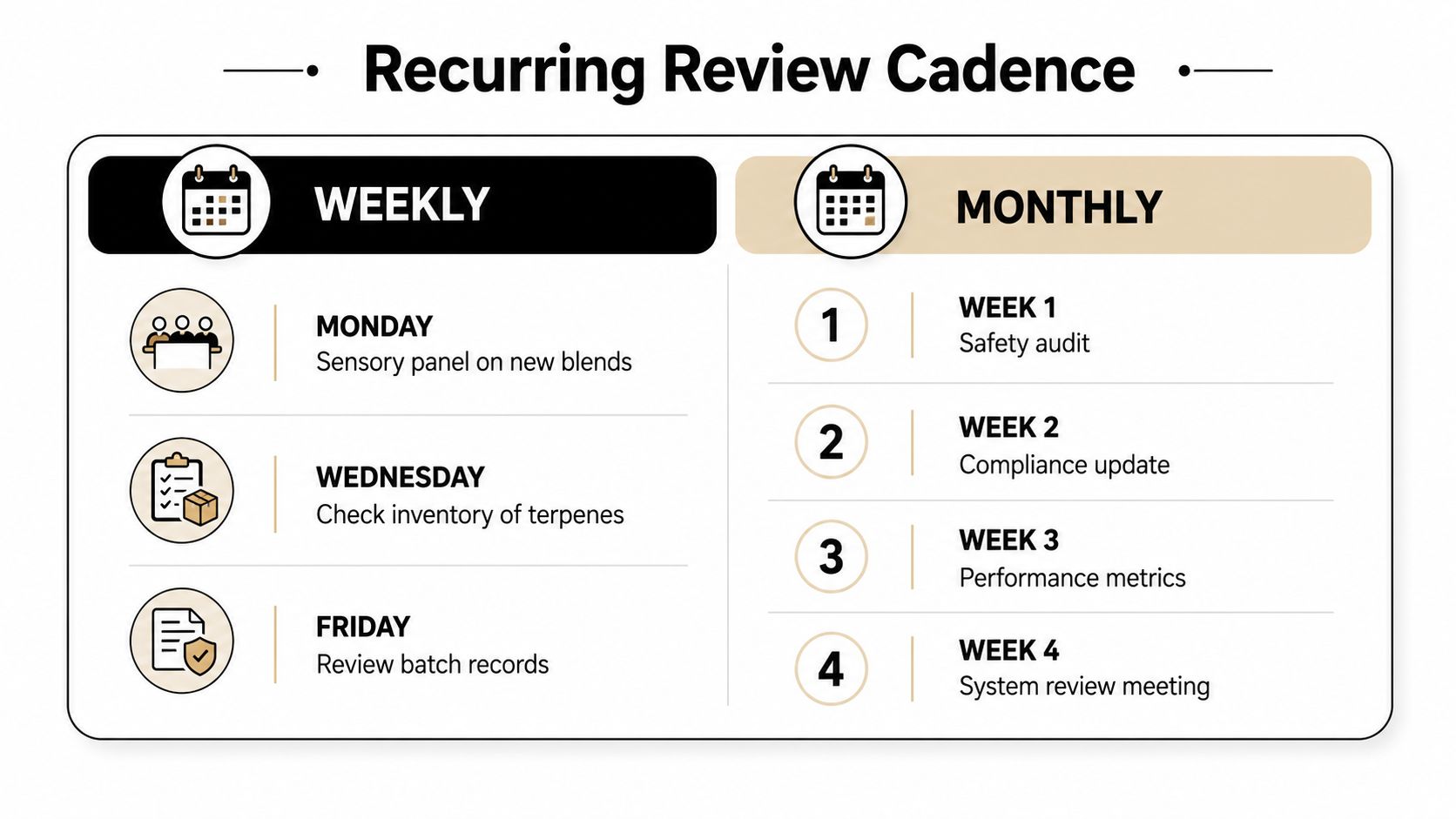 A structured recurring review cadence schedule for weekly and monthly business operational tasks and quality checks.