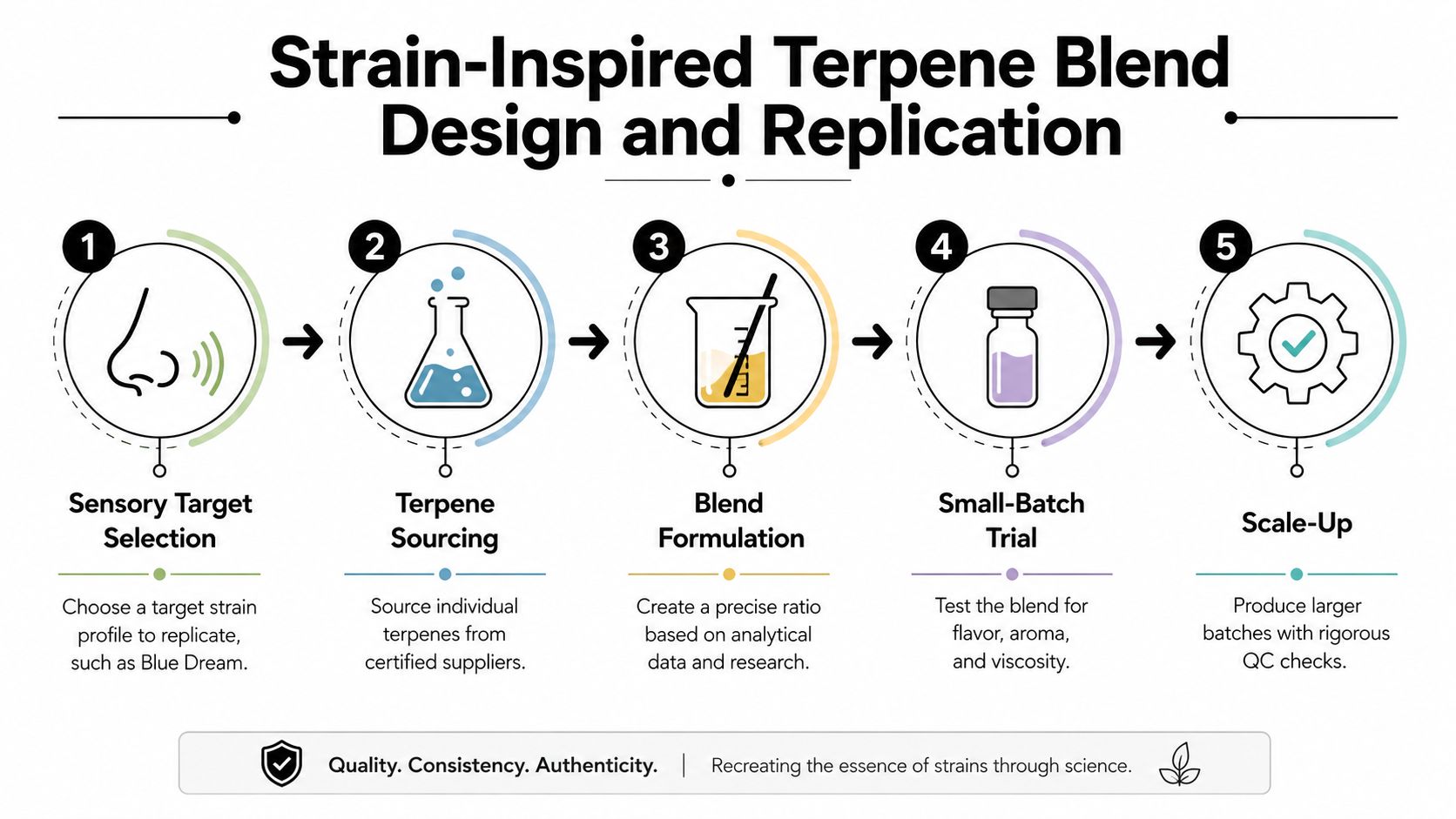 A five-step infographic showing the scientific process of designing and replicating strain-inspired terpene blends for production.