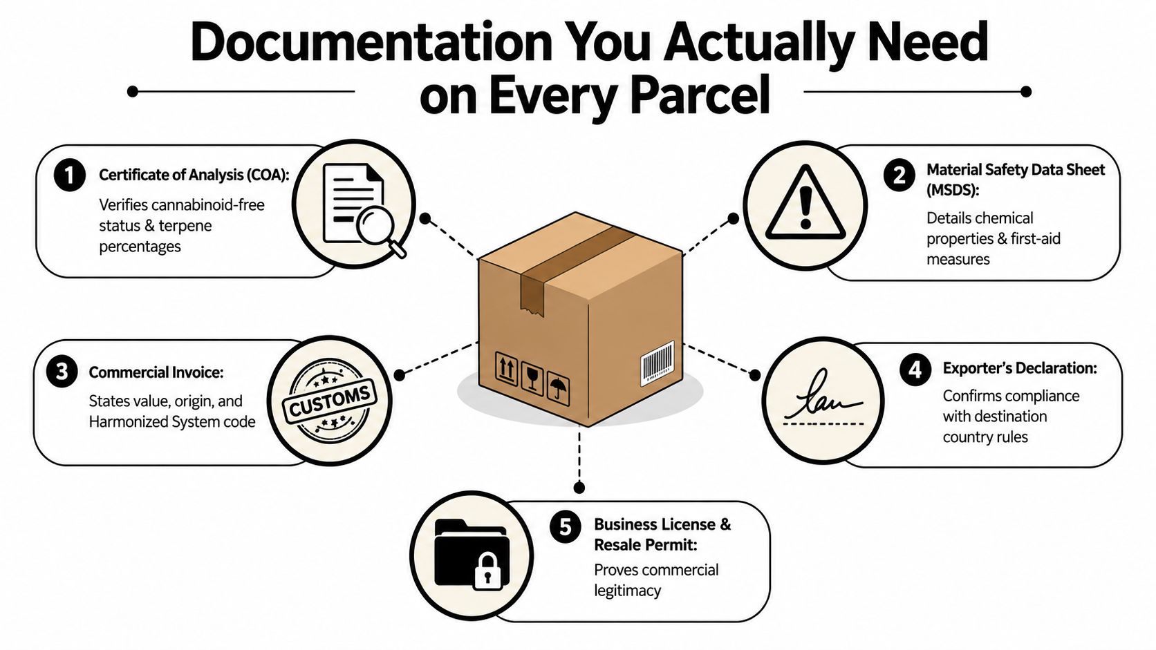 An infographic showing five essential documents required for international shipping of commercial parcels.
