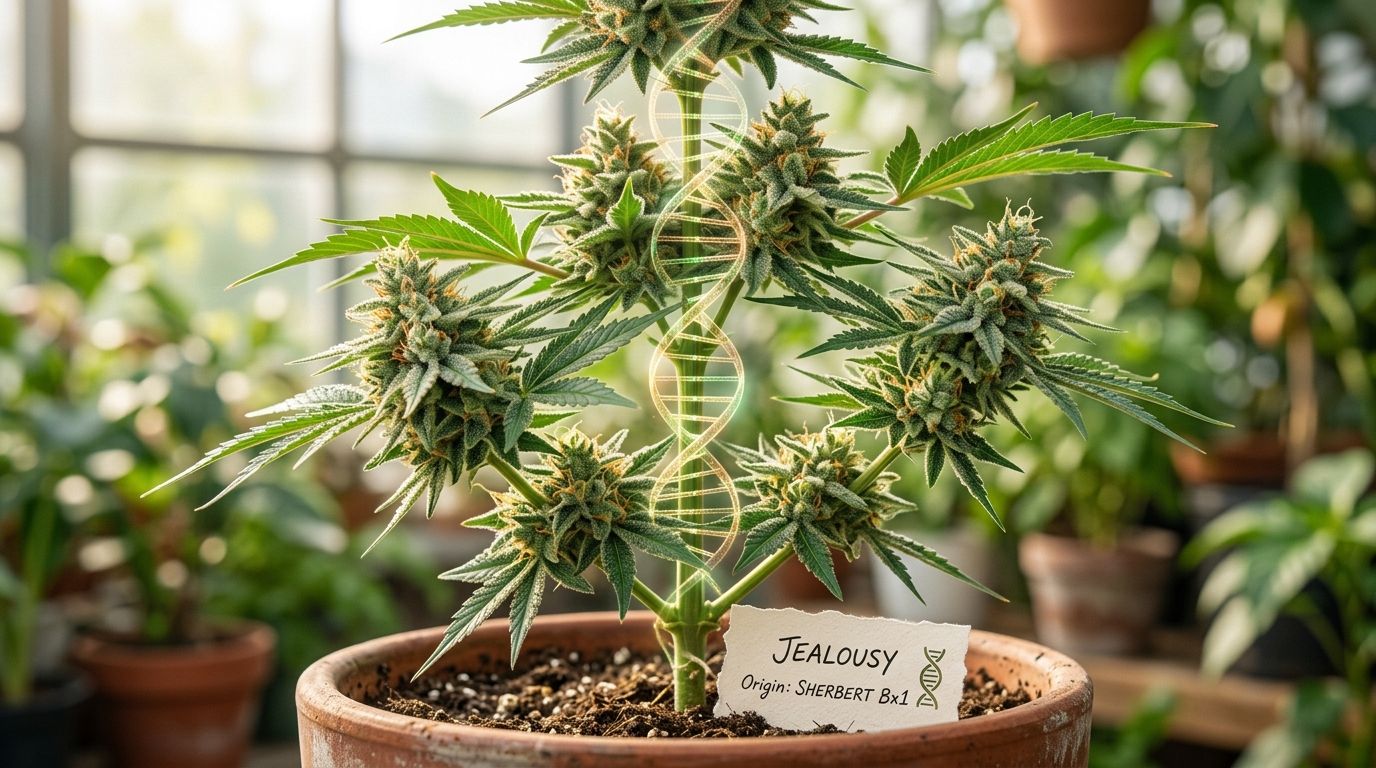 A cannabis plant labeled Jealousy strain in a terracotta pot with a digital DNA strand overlay.