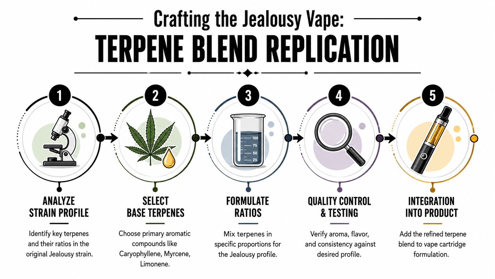 A five-step infographic showing the process of replicating the terpene blend for the Jealousy vape strain.