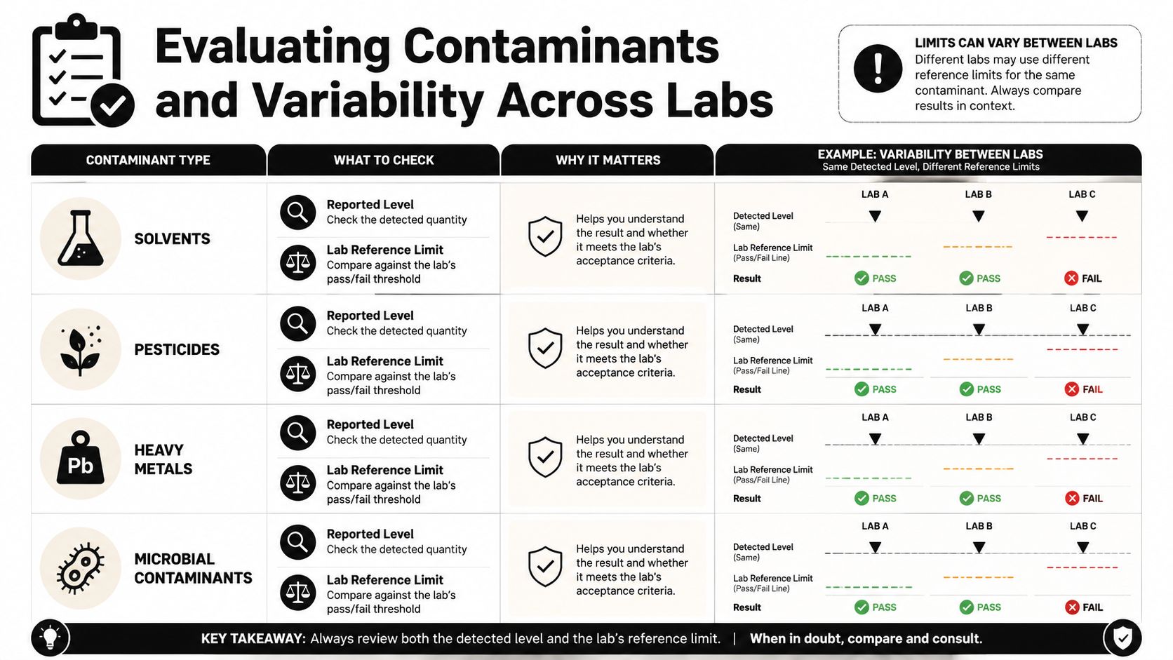 An educational infographic explaining how to evaluate contaminant levels and lab variability across different testing facilities.