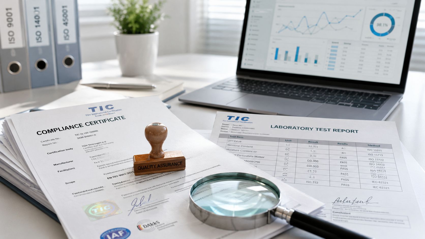 A quality assurance compliance certificate and laboratory test report with a magnifying glass on a desk.