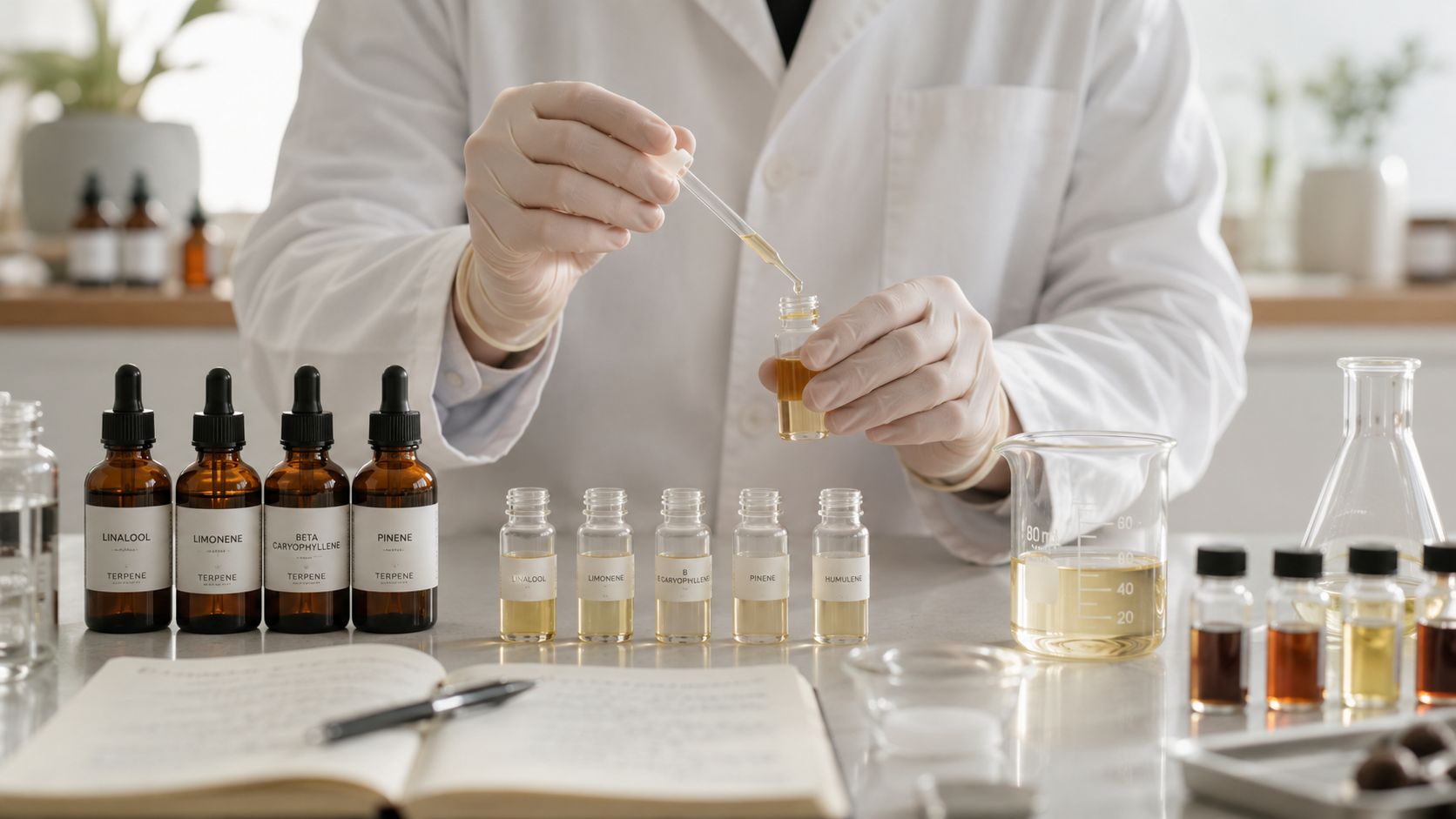 A chemist in a white lab coat using a dropper to measure terpenes for a science project.