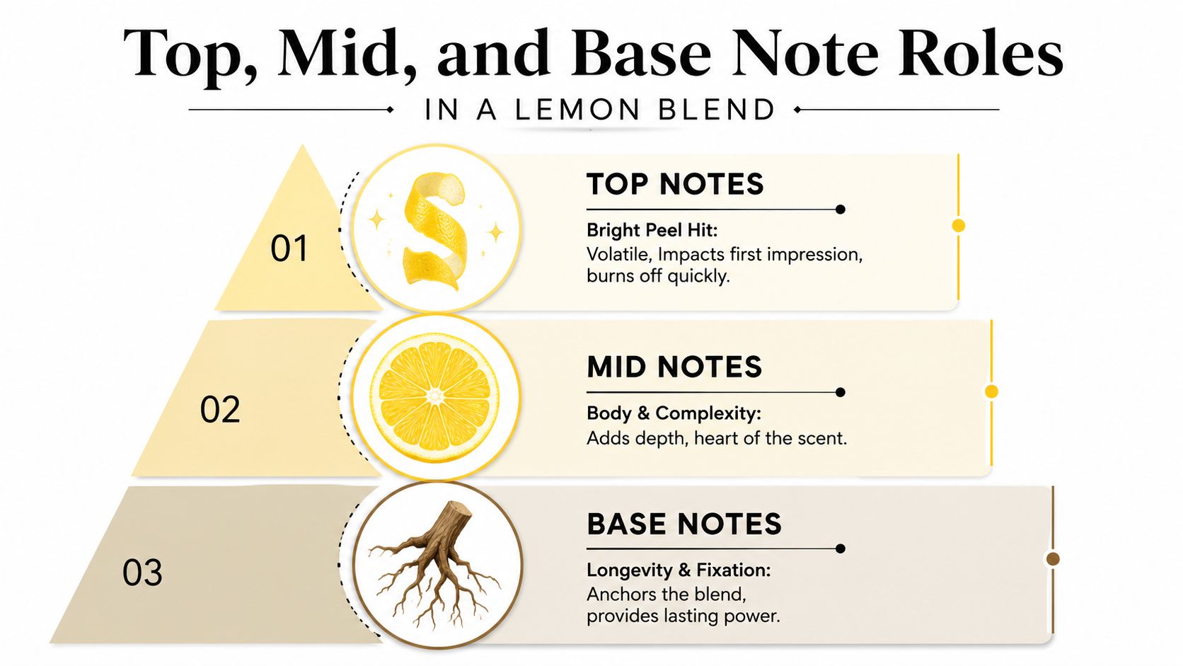 A diagram illustrating the three layers of a lemon terpene profile: top, mid, and base notes.