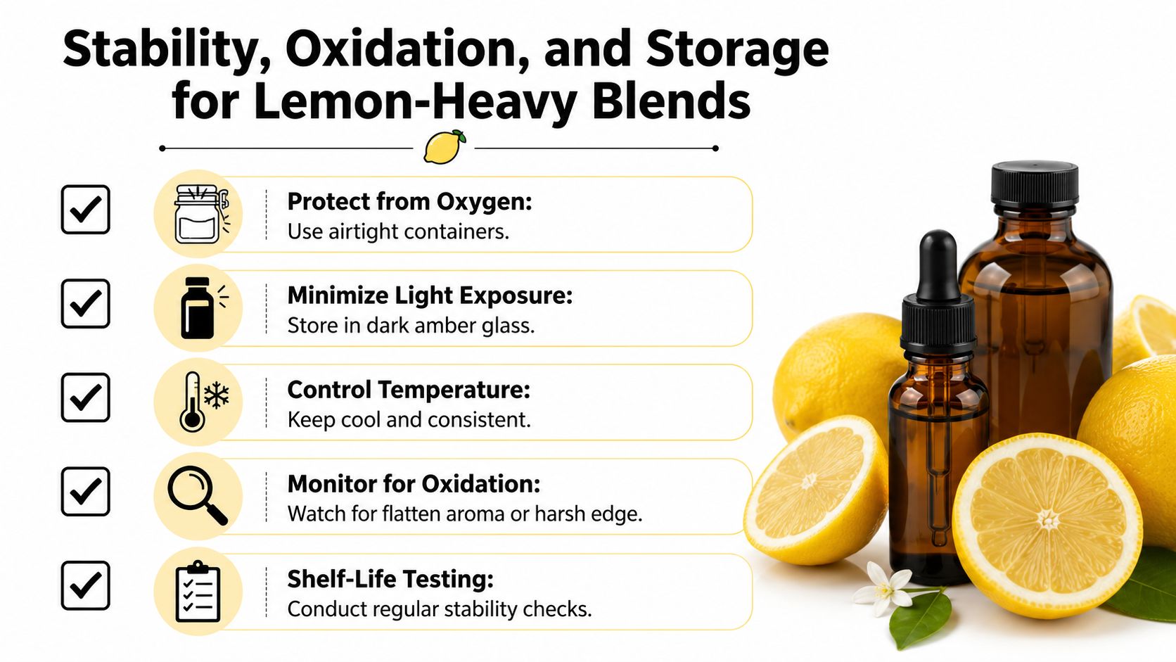 A guide listing storage and stability tips for lemon terpene-heavy blends, including protection from oxygen and light.