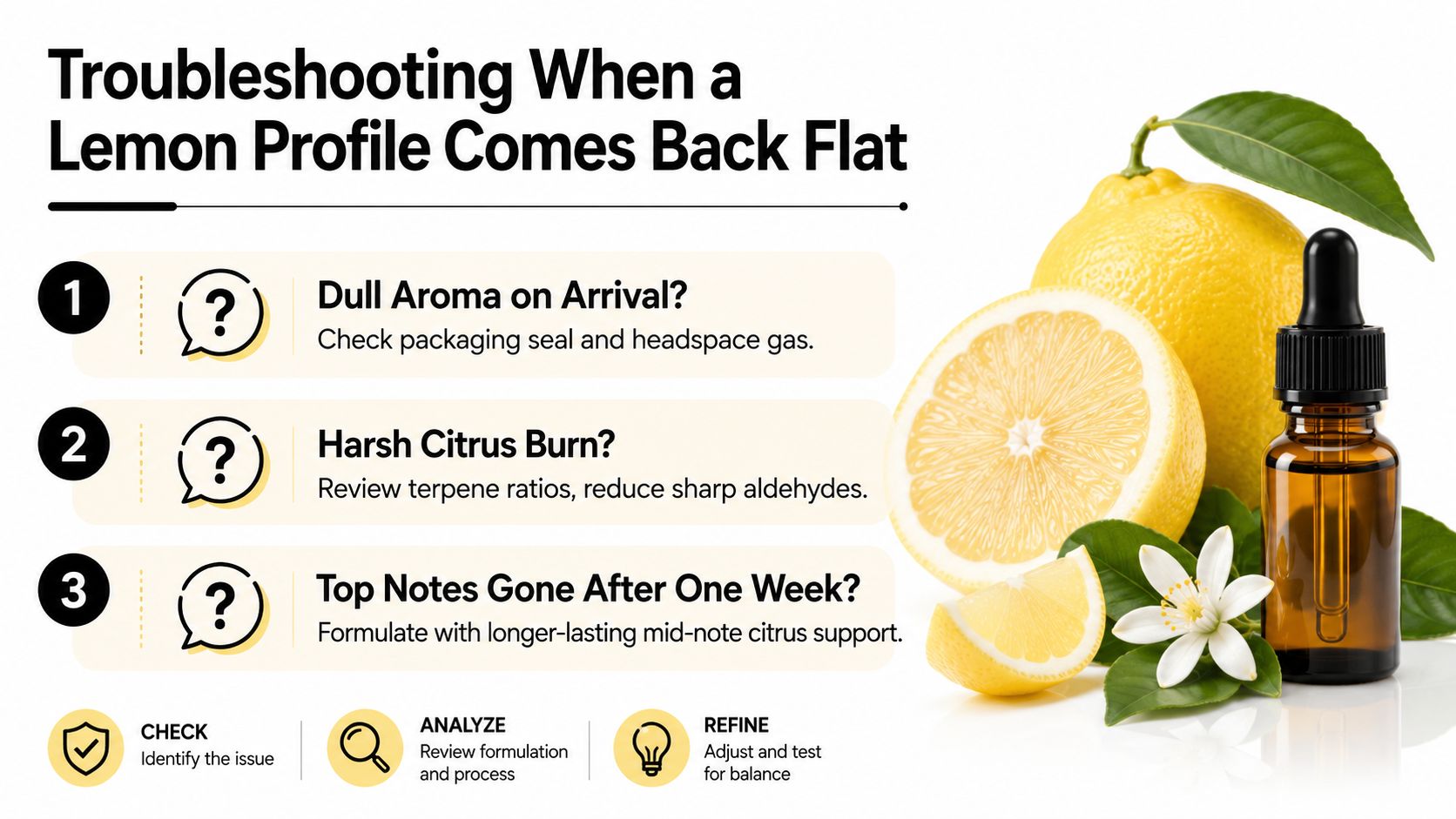 A troubleshooting infographic for lemon terpene profiles, listing tips to address flat aroma and stability issues.