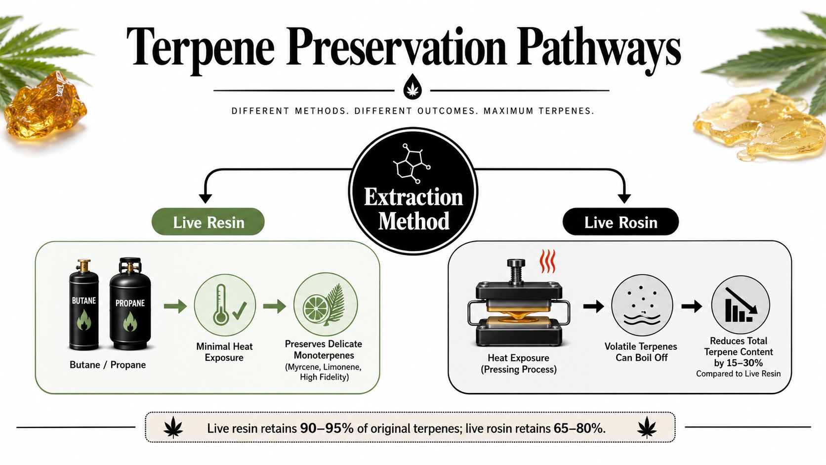 A comparison chart showing how live resin extraction preserves more terpenes than the live rosin pressing process.
