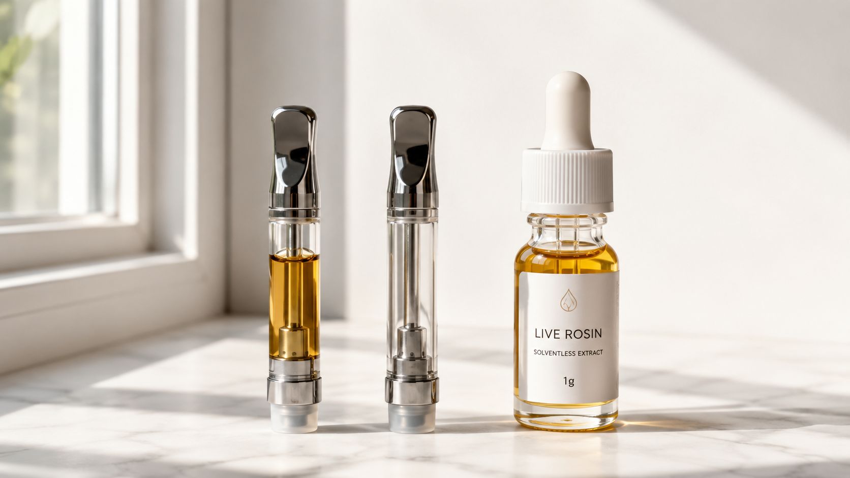 Two vape cartridges and a small glass dropper bottle labeled as live rosin solventless extract.