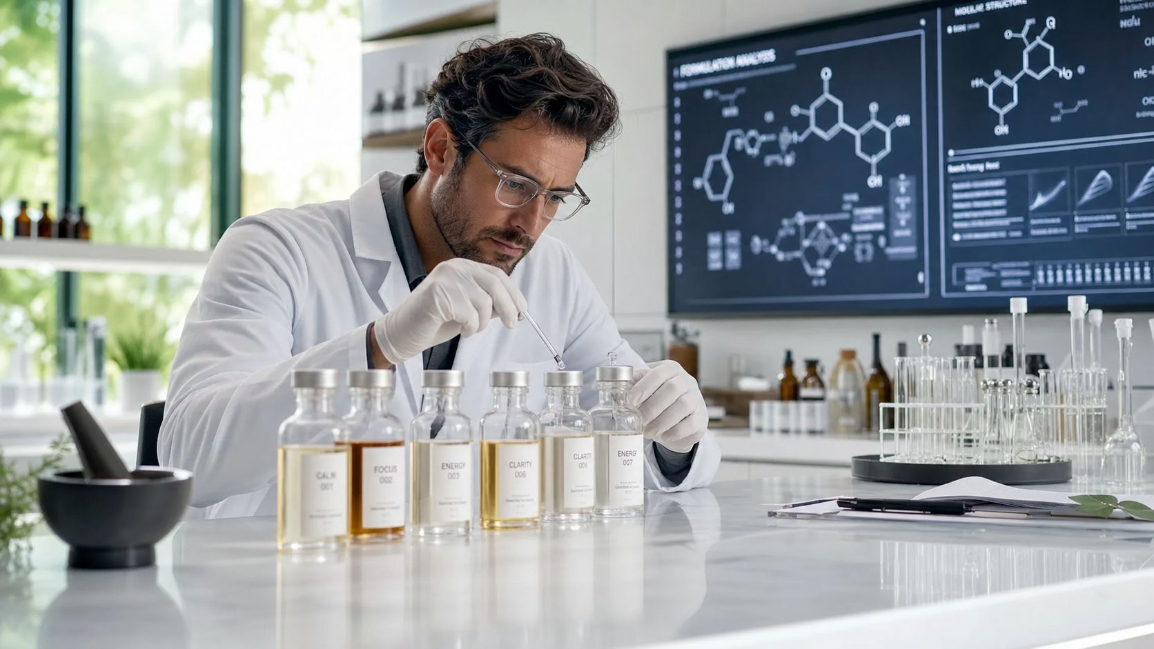 A professional scientist in a lab setting carefully analyzing chemical formulas and testing clear liquid samples.