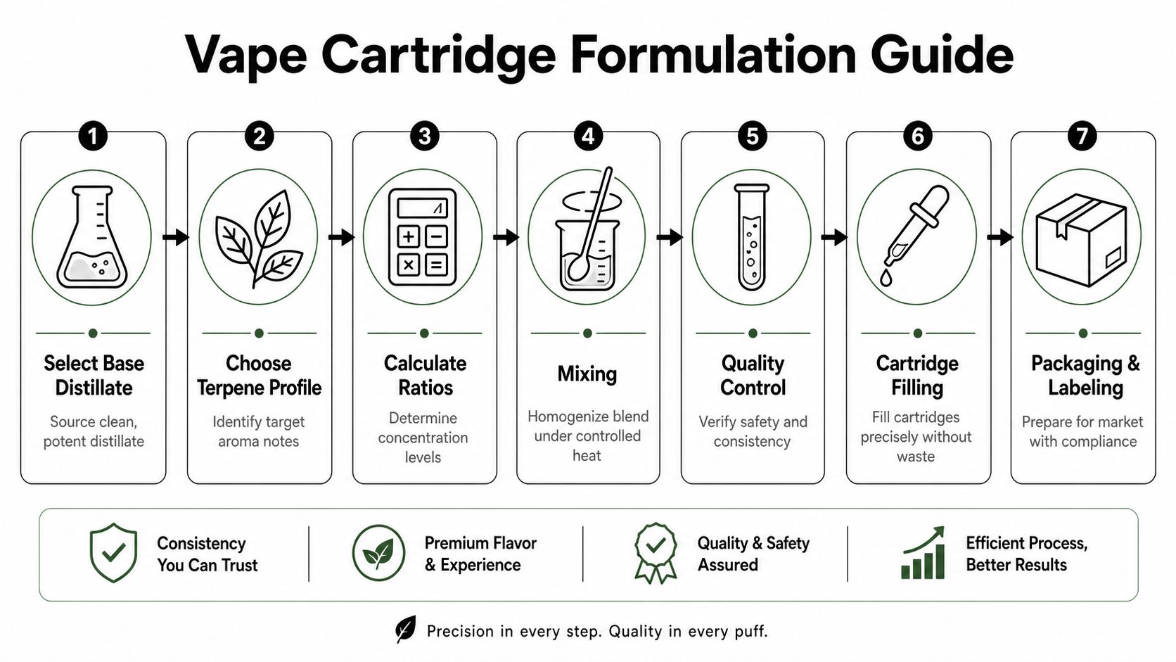 A seven-step guide illustrating the professional production process for creating vape cartridges, from distillate to final packaging.
