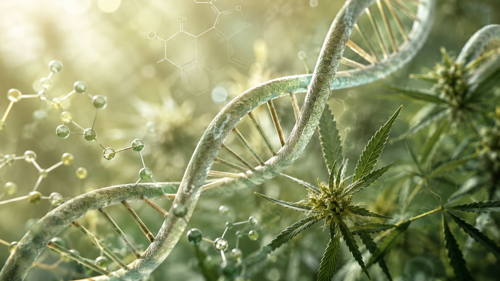 A 3D rendering of a DNA strand intertwined with a cannabis plant and chemical molecular structures.