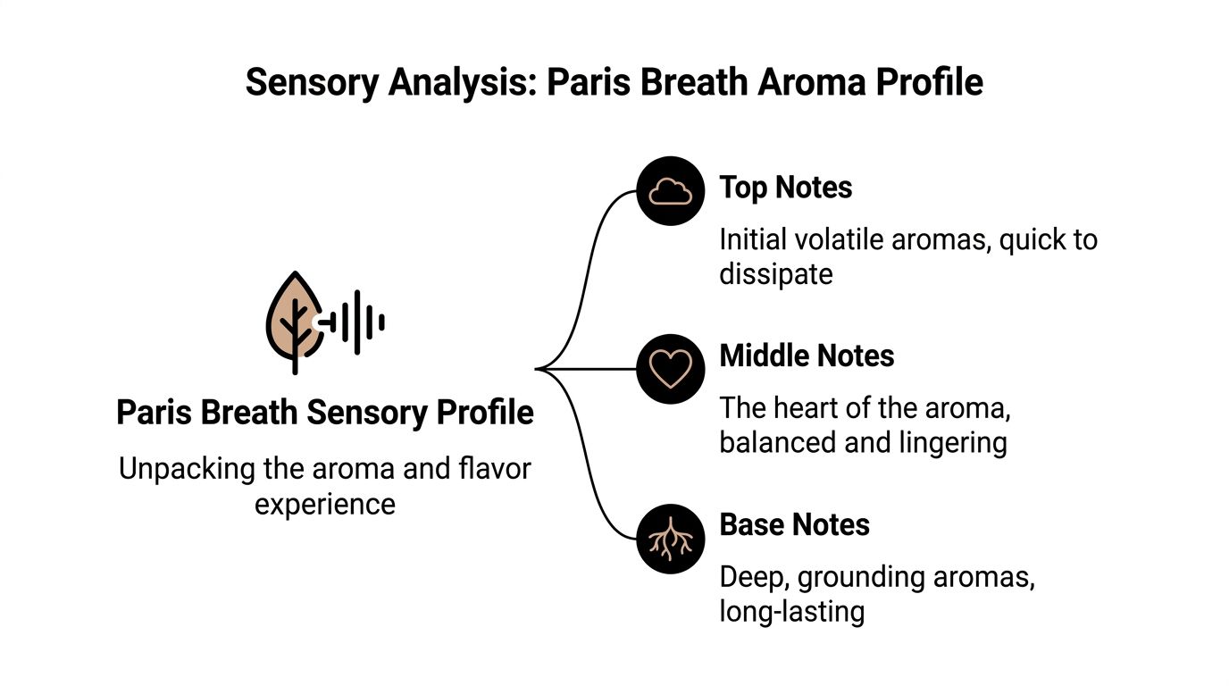 A sensory analysis chart detailing the top, middle, and base notes of the Paris Breath cannabis strain.