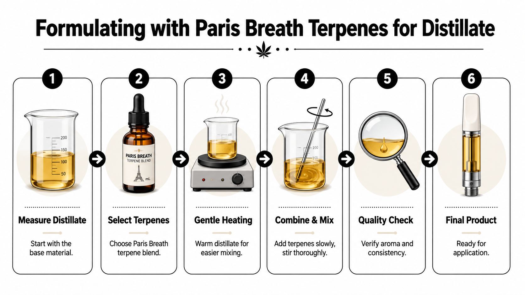 A six-step infographic guide on how to formulate cannabis distillate with Paris Breath terpene blend.