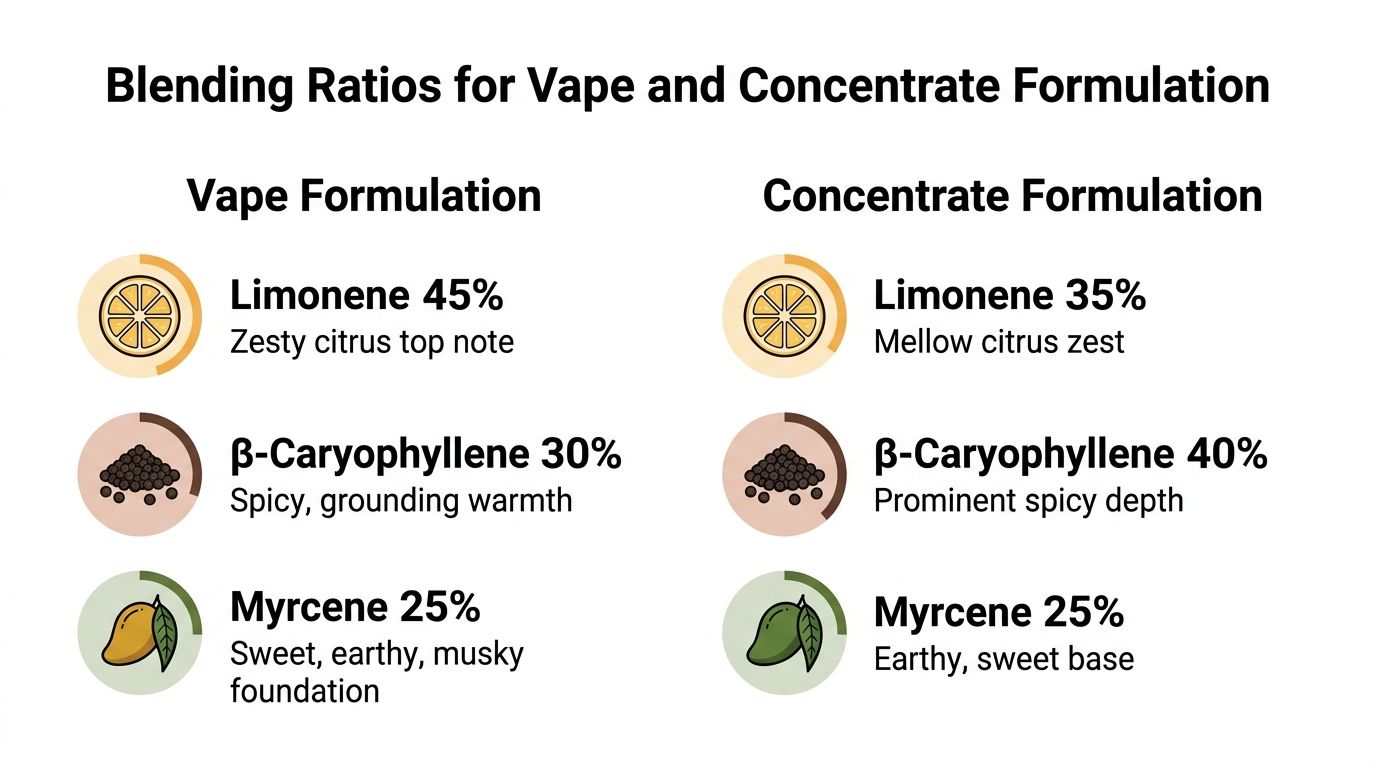 A chart detailing blending ratios of Limonene, Caryophyllene, and Myrcene for vape and concentrate formulations.