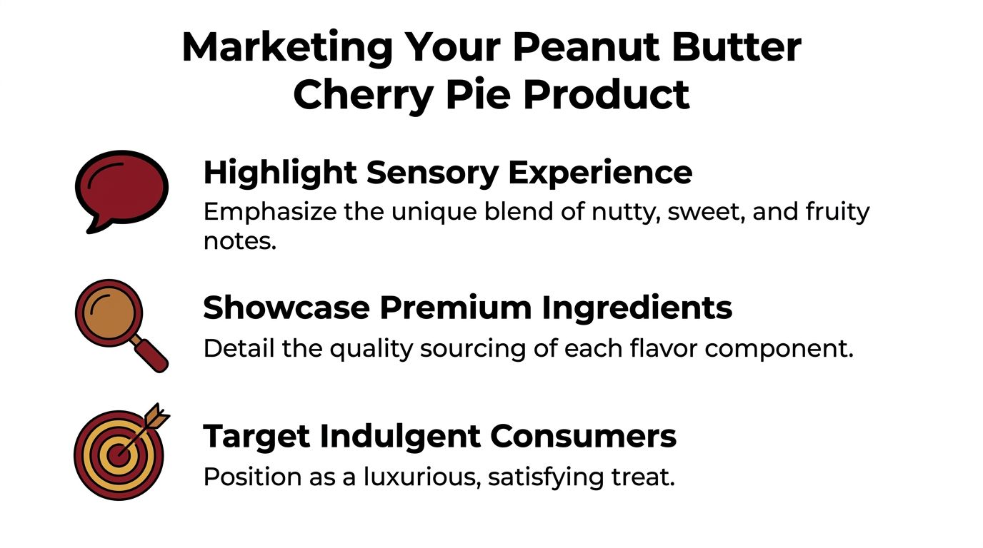 A marketing graphic outlining three strategies to promote a peanut butter cherry pie flavored product.