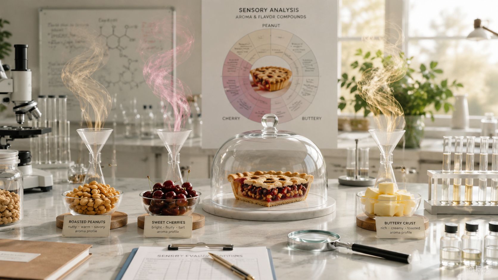 A lab setup displaying peanuts, cherries, and pie under a dome with sensory analysis charts.