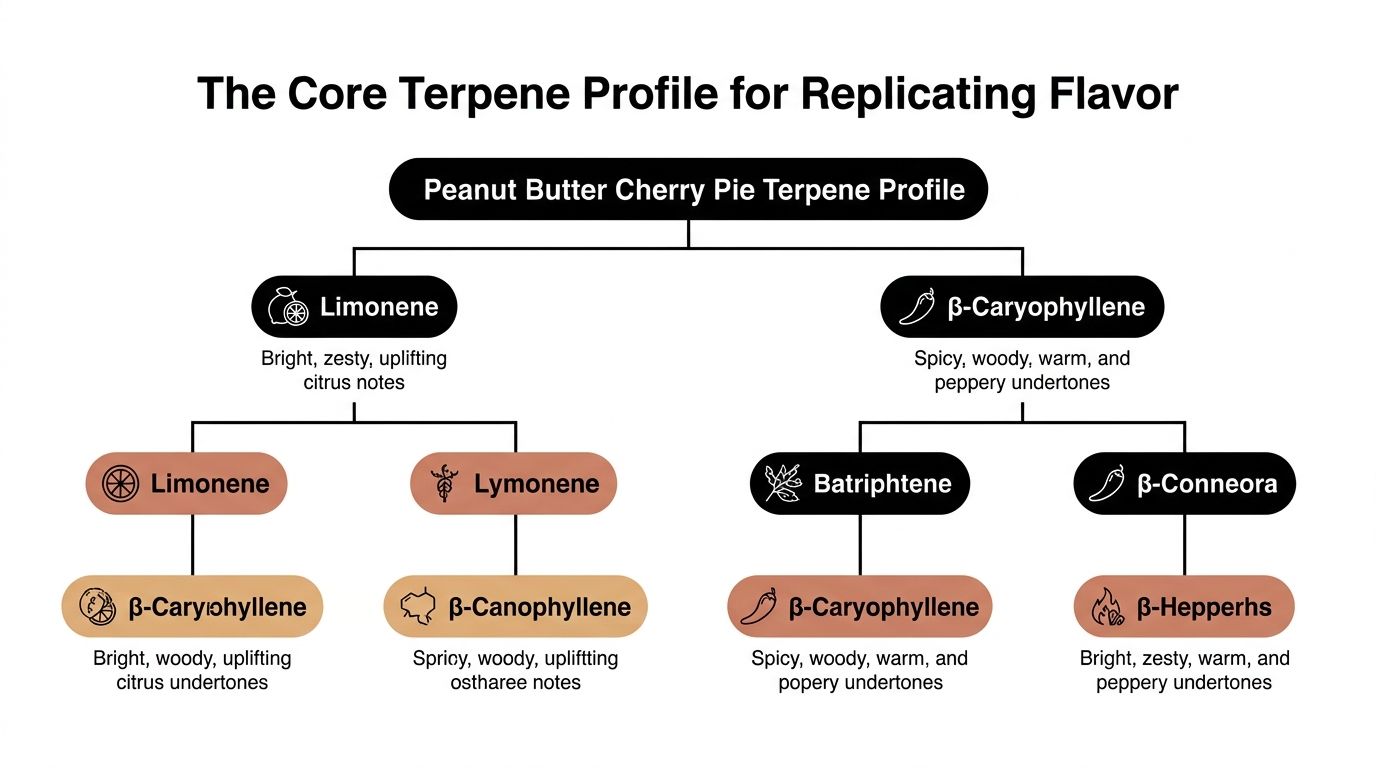 A diagram illustrating the terpene profile breakdown for the Peanut Butter Cherry Pie cannabis strain.