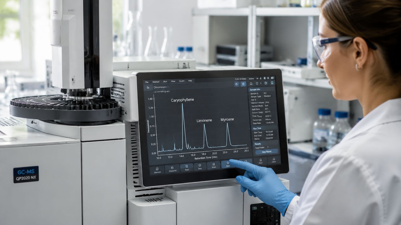 A female scientist in a lab coat analyzing chemical compounds on a gas chromatography mass spectrometry screen.