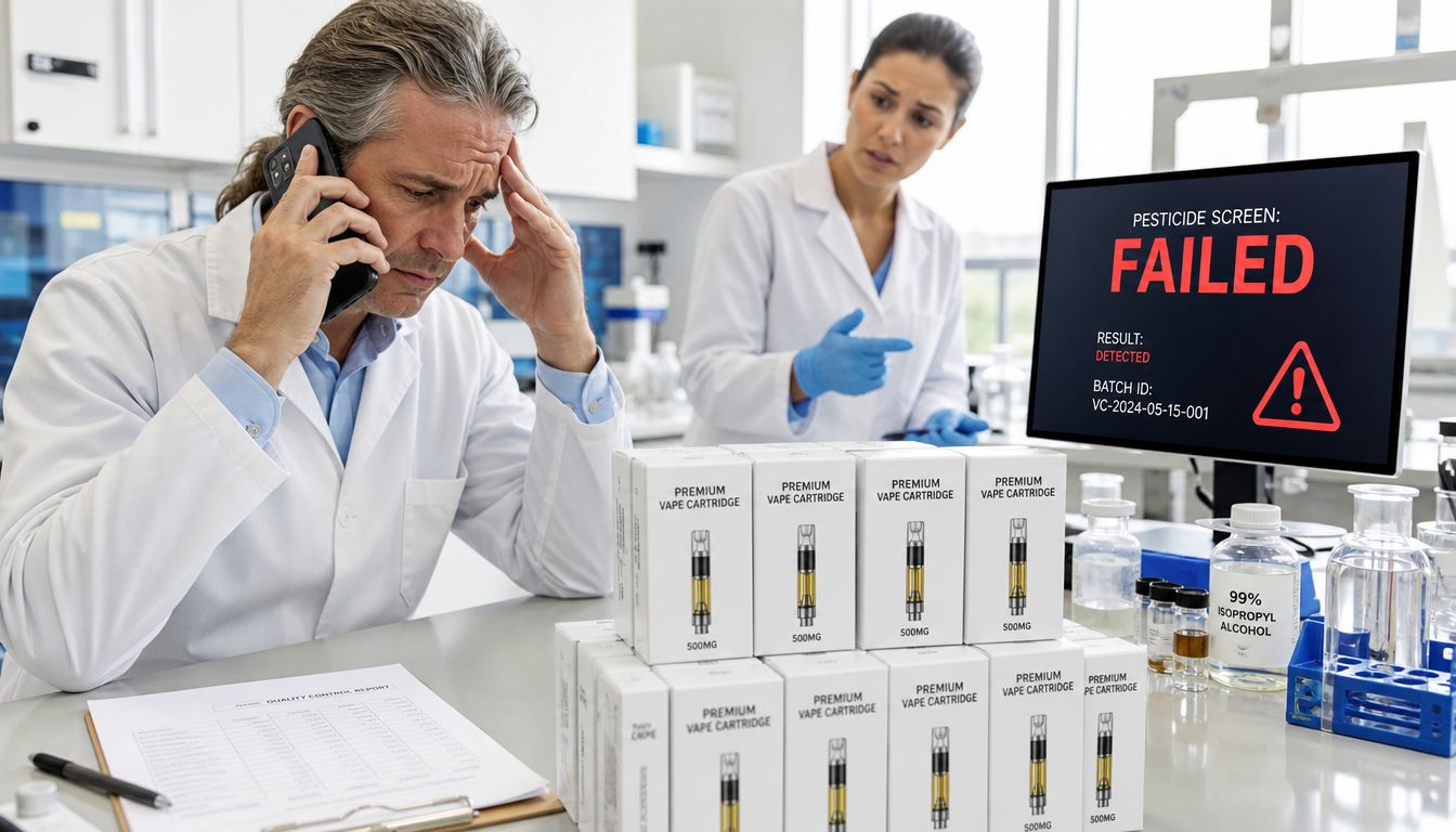 A concerned scientist in a laboratory speaks on the phone next to failed vape cartridge testing results.
