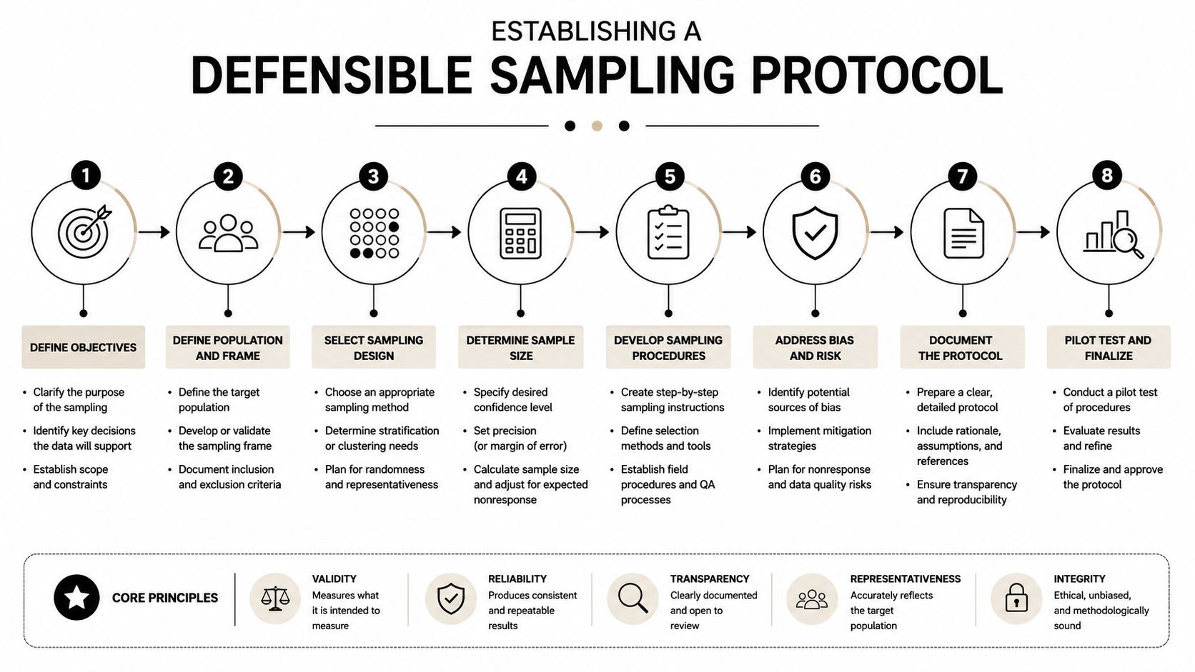 An eight-step infographic illustrating a defensible sampling protocol, listing core principles for research and data collection.