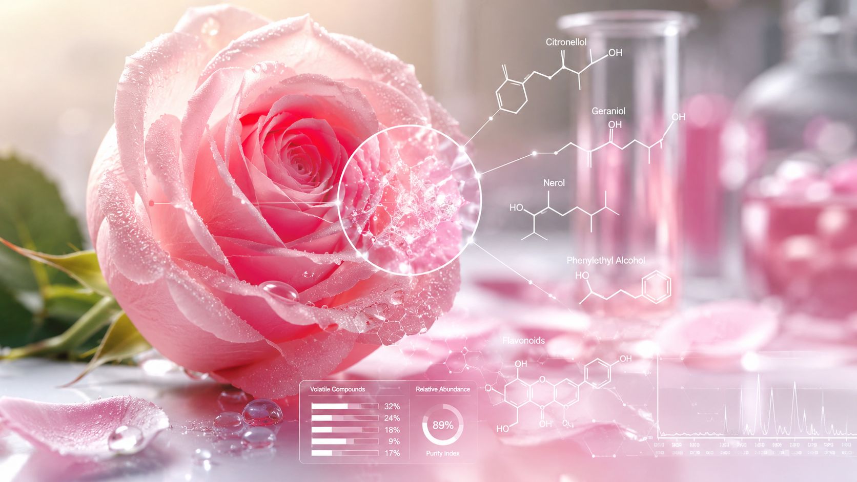 A close-up of a pink rose with scientific diagrams and chemical structure overlays representing botanical research.