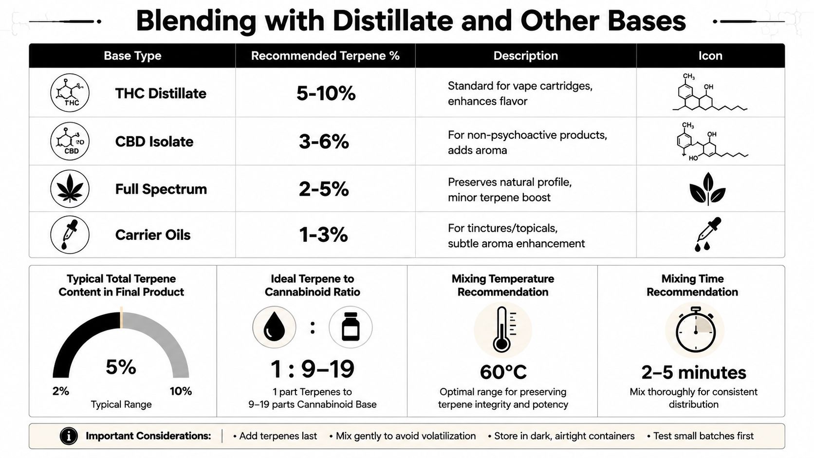 A detailed infographic chart showing recommended terpene percentage guidelines for blending with various cannabis oil bases.