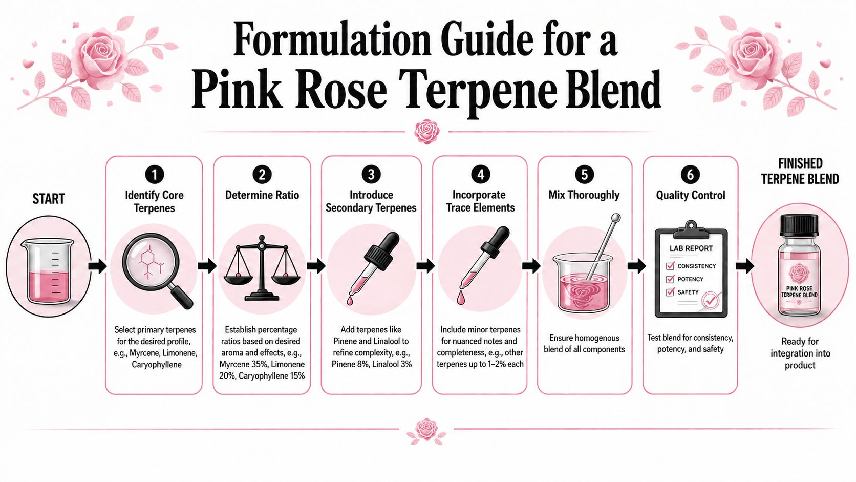 A six-step infographic guide detailing the formulation process for creating a pink rose terpene blend.