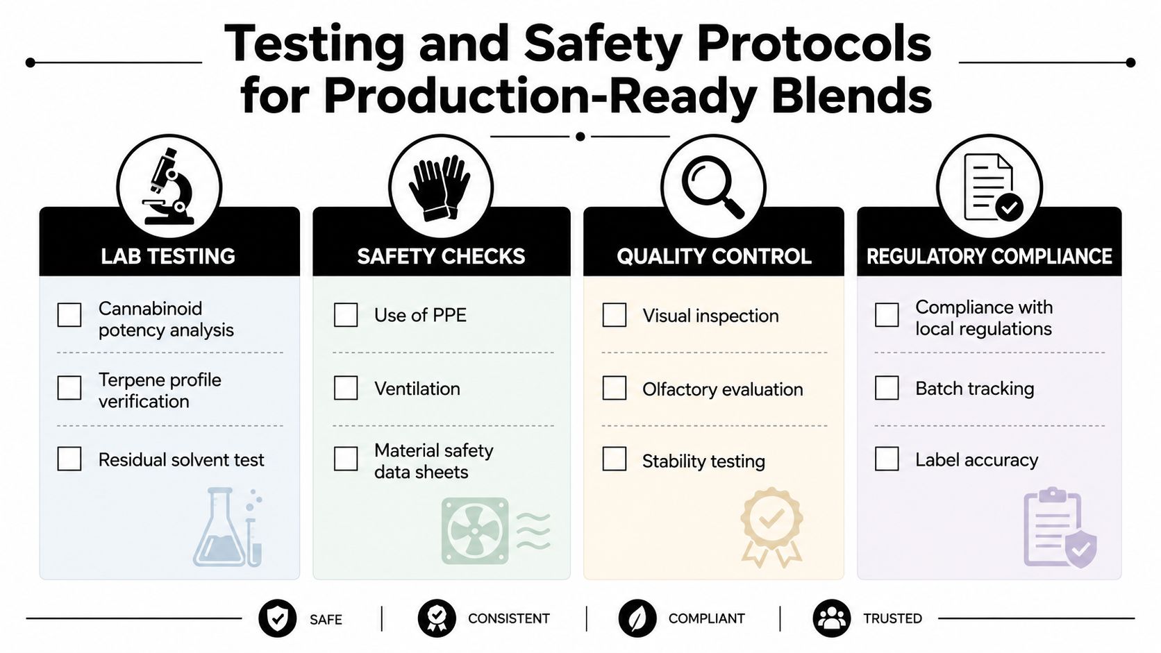 A professional infographic outlining the testing and safety protocols for manufacturing production-ready cannabinoid and terpene blends.