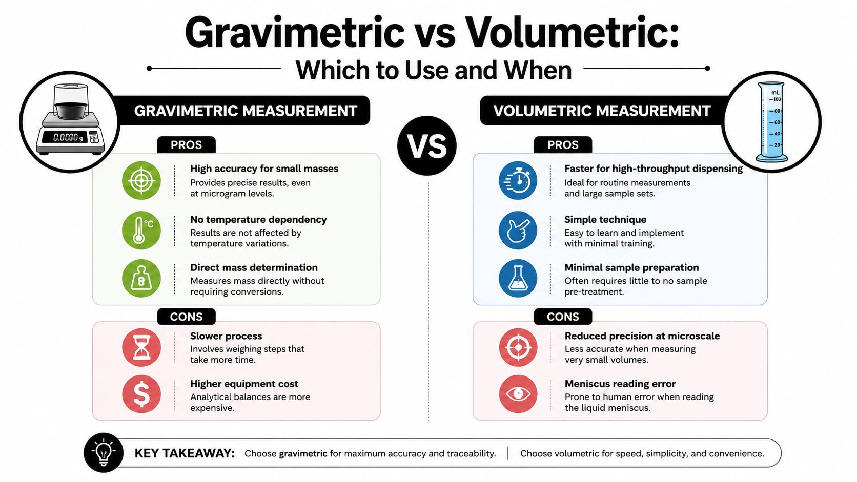An infographic comparing the pros and cons of gravimetric versus volumetric measurement methods in laboratory settings.
