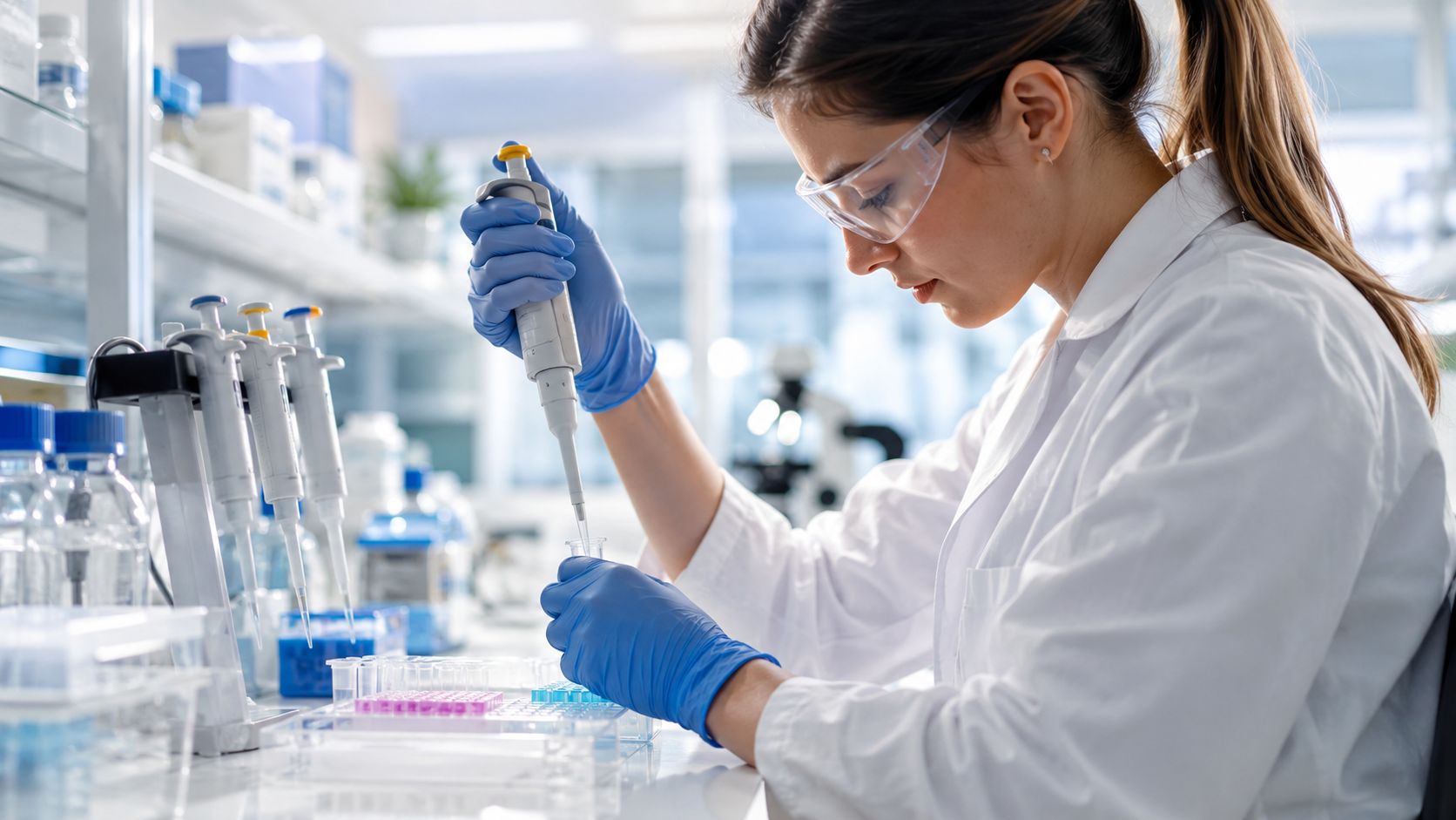 A female scientist in a laboratory conducting precision work using a micropipette and a multi-well plate.