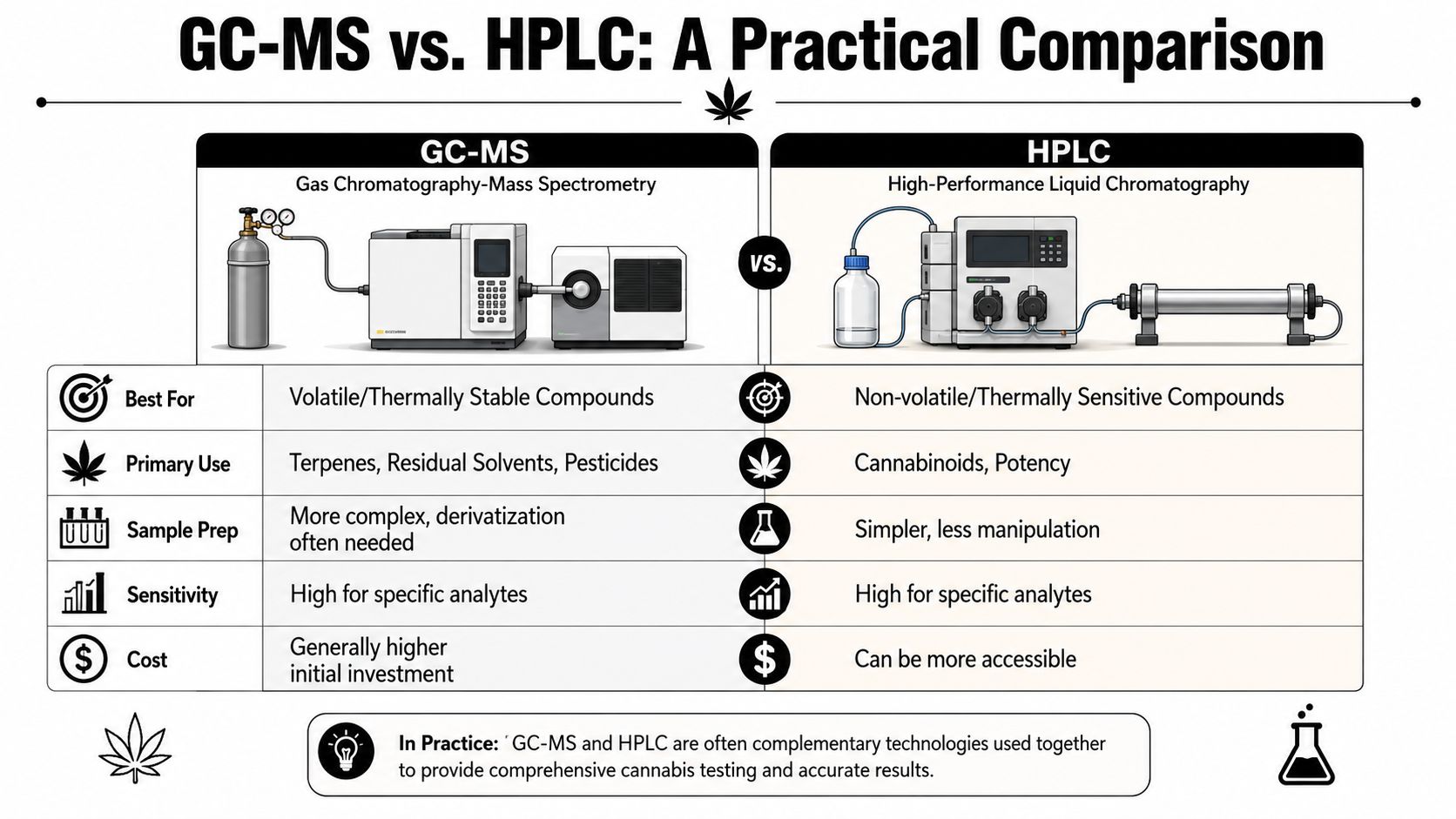 A comparison chart outlining the differences and primary applications of GC-MS and HPLC for cannabis testing.