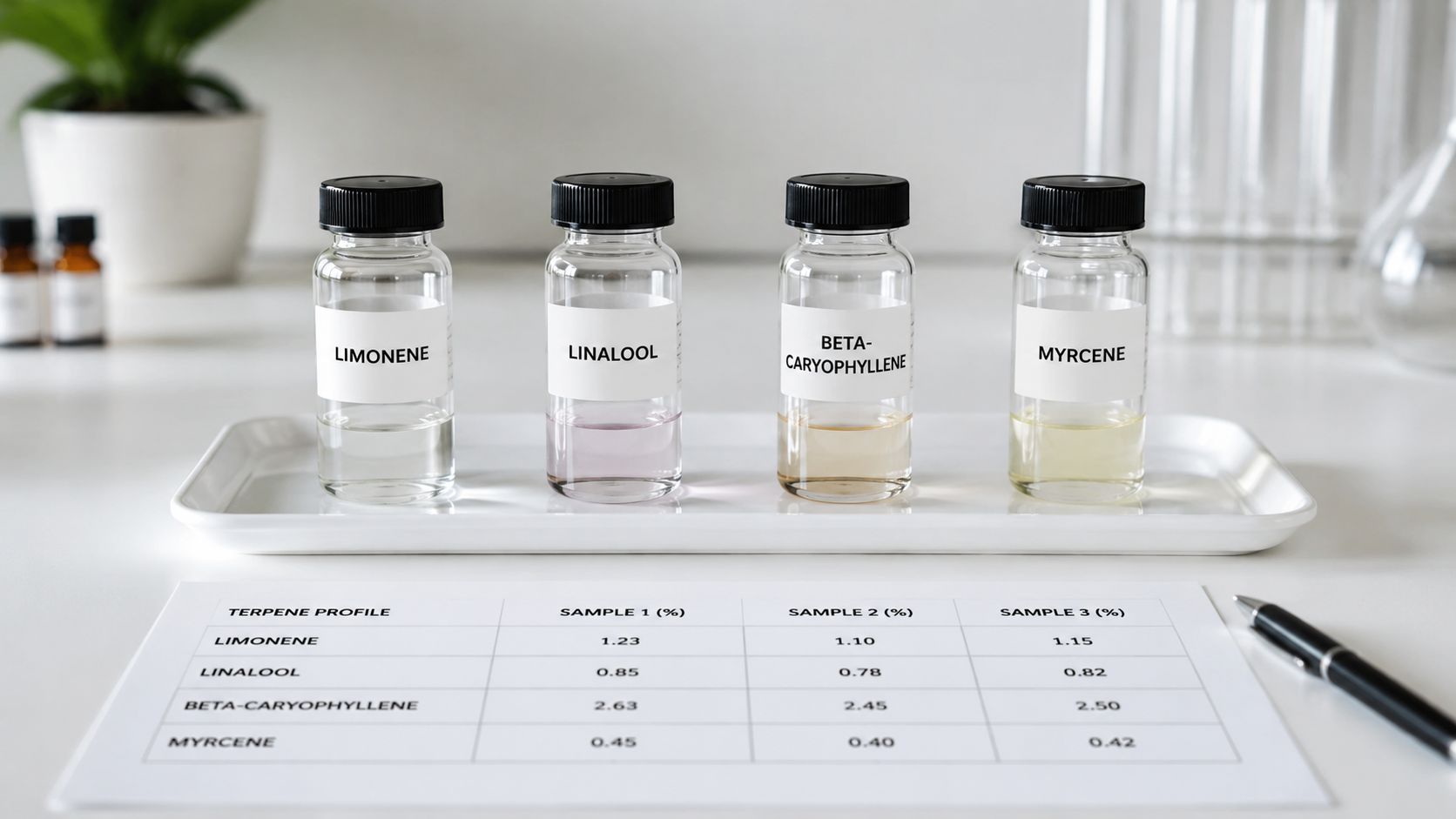 Four glass vials labeled with different terpenes arranged on a laboratory tray with a data report.