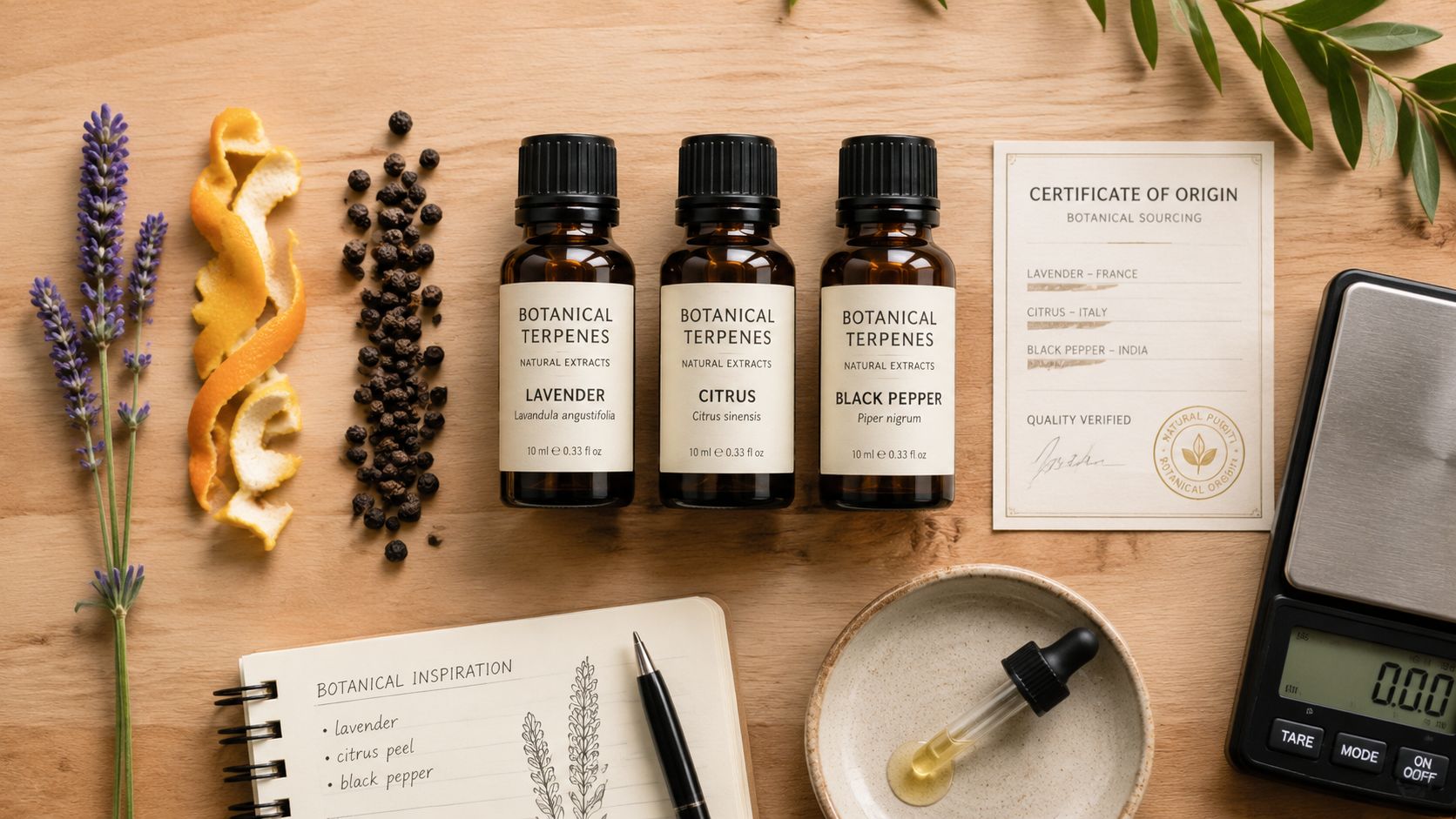Three glass essential oil bottles with lavender sprigs, citrus peel, peppercorns, and a digital scale on wood.