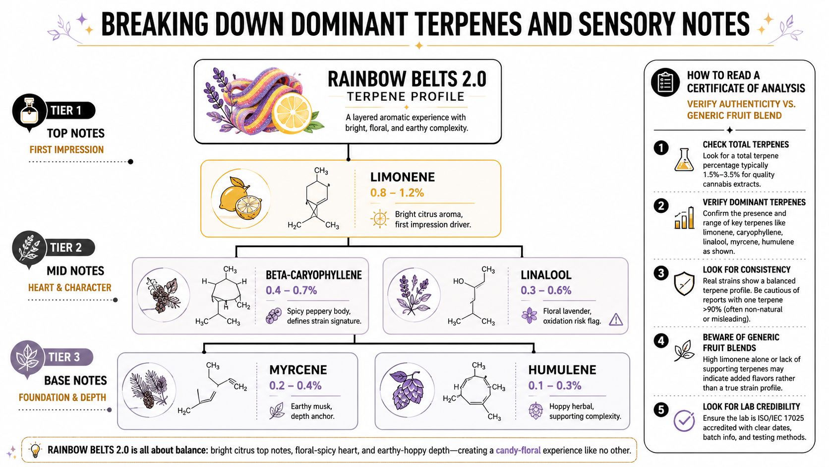 A detailed infographic showing the terpene profile, sensory notes, and chemical structure of Rainbow Belts 2.0.