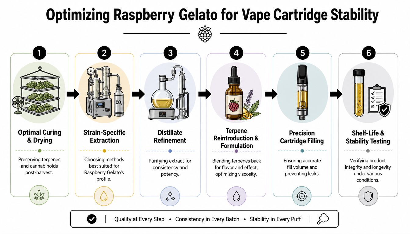 A six-step infographic detailing the process of optimizing Raspberry Gelato strain cannabis oil for vape cartridge stability.