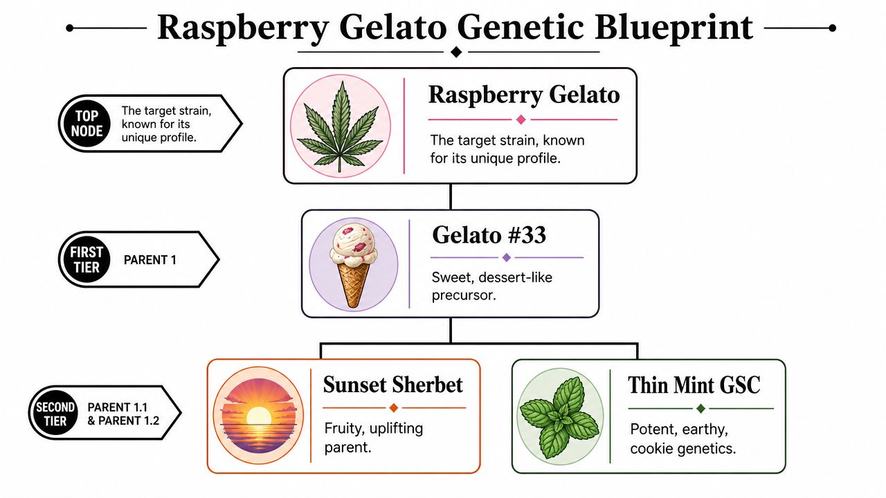 A genetic pedigree chart illustrating the parent strains of the Raspberry Gelato cannabis variety.