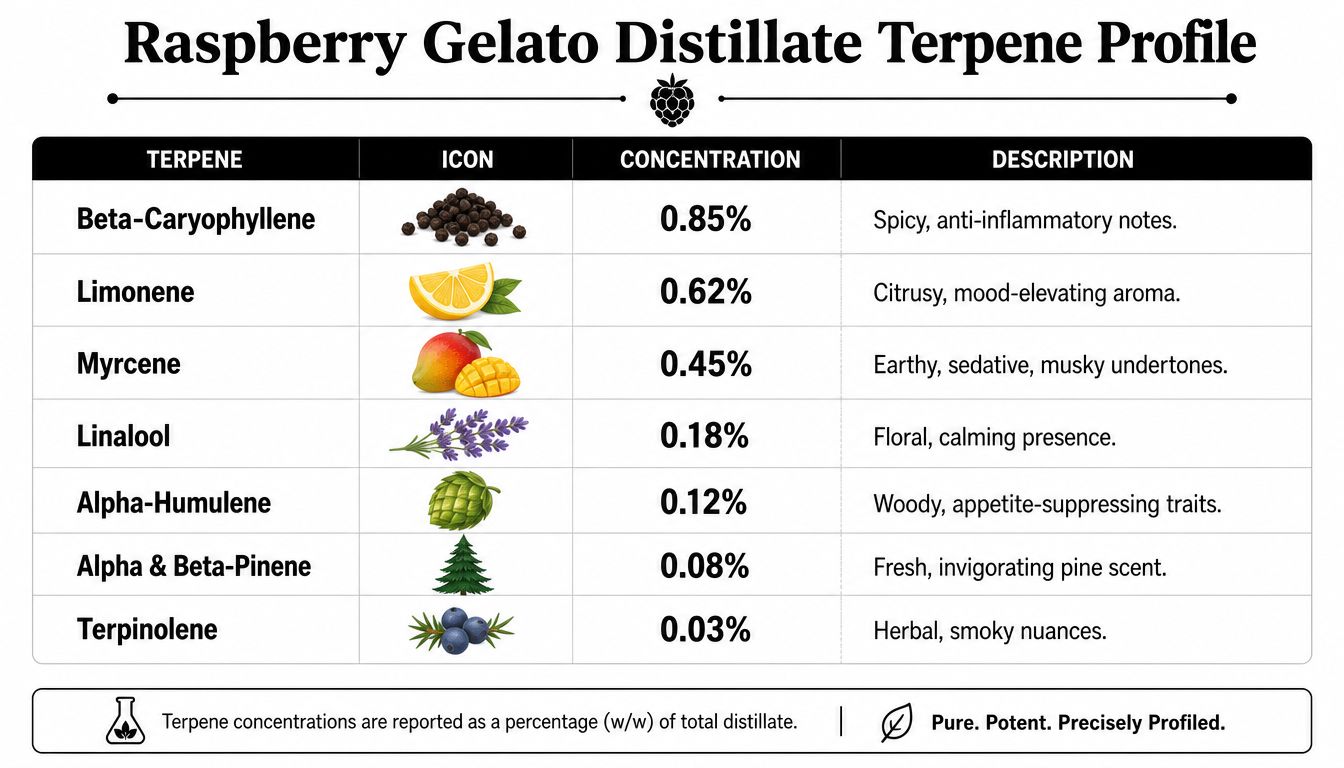 A chart showing the Raspberry Gelato distillate terpene profile with concentrations and descriptions for seven different terpenes.