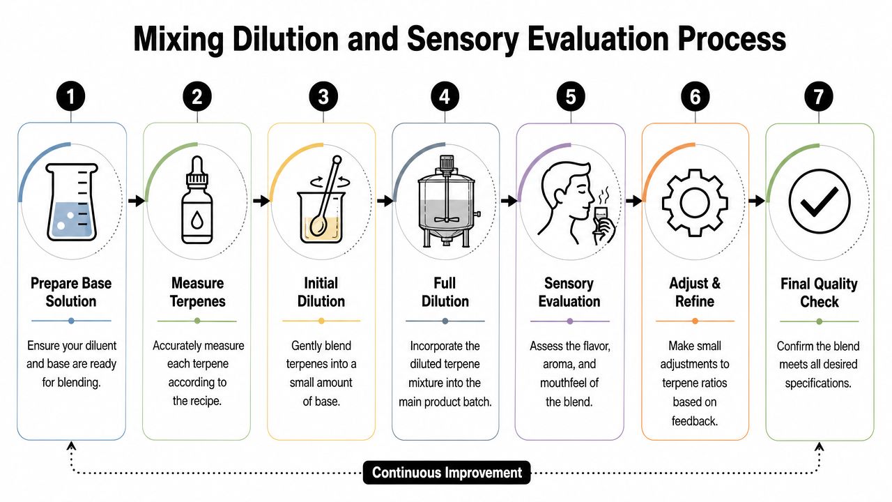 A numbered diagram outlining the seven-step process for mixing terpene dilutions and conducting sensory product evaluations.
