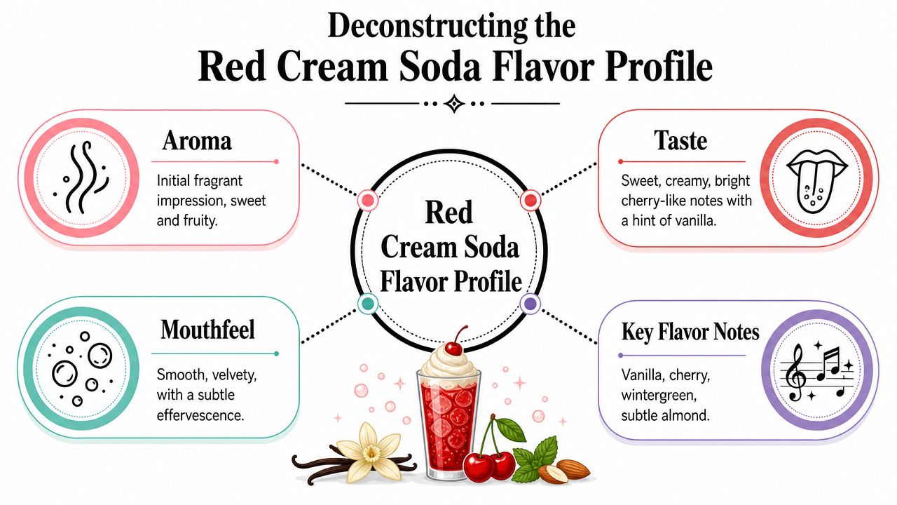A visual infographic deconstructing the flavor profile of red cream soda including aroma, taste, mouthfeel, and notes.