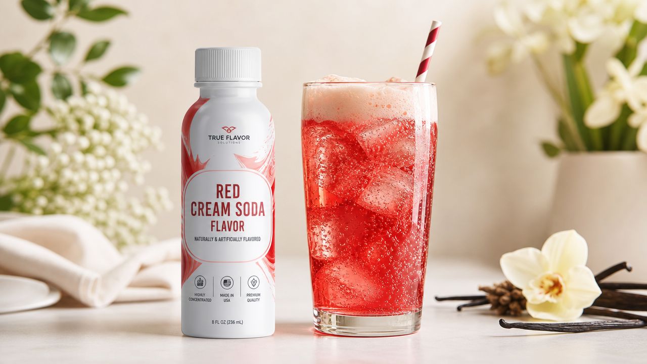 A bottle of Red Cream Soda flavor next to a tall glass filled with red soda and ice.