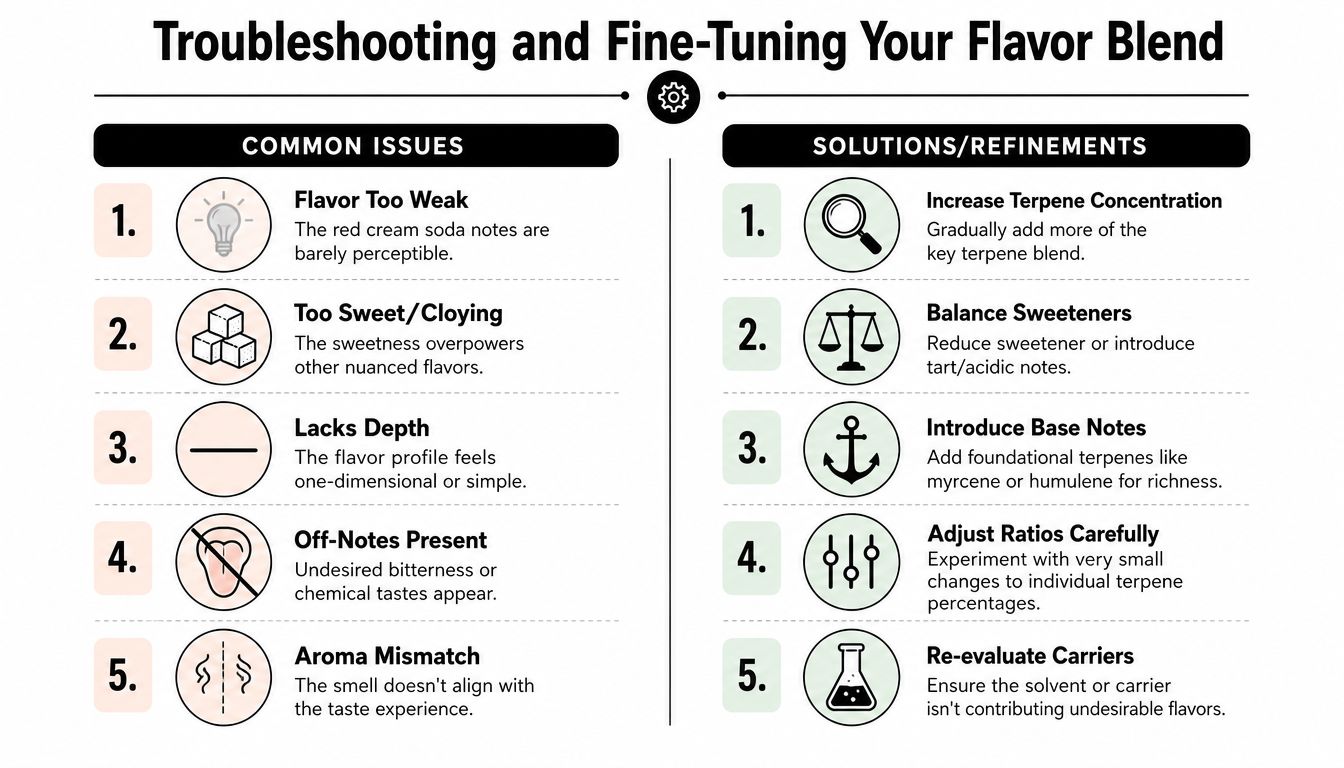 A troubleshooting guide for fine-tuning flavor blends listing five common issues and their corresponding solutions.