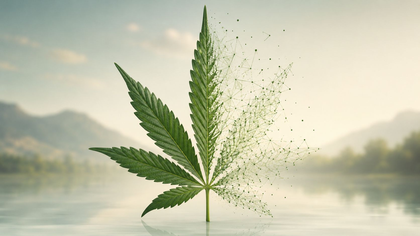 A marijuana leaf half-composed of natural green material and half made of digital geometric network lines.