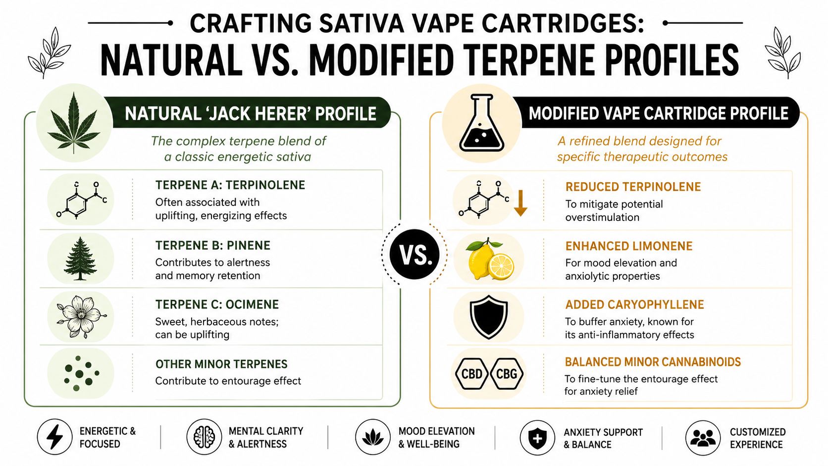 A comparison infographic between natural Jack Herer sativa terpene profiles and modified vape cartridge blends.
