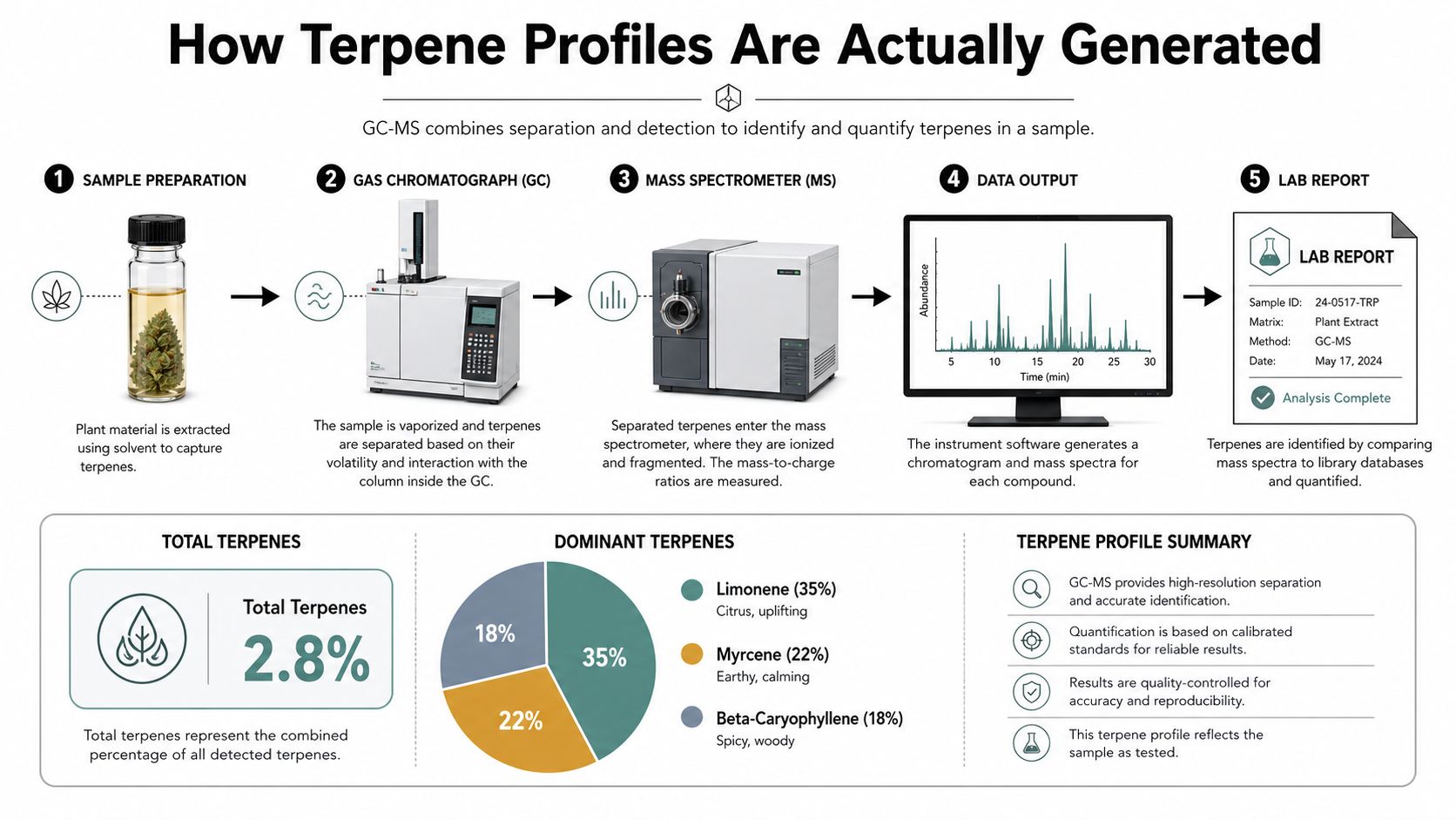 A detailed infographic explaining the scientific process of how cannabis terpene profiles are generated using GC-MS technology.