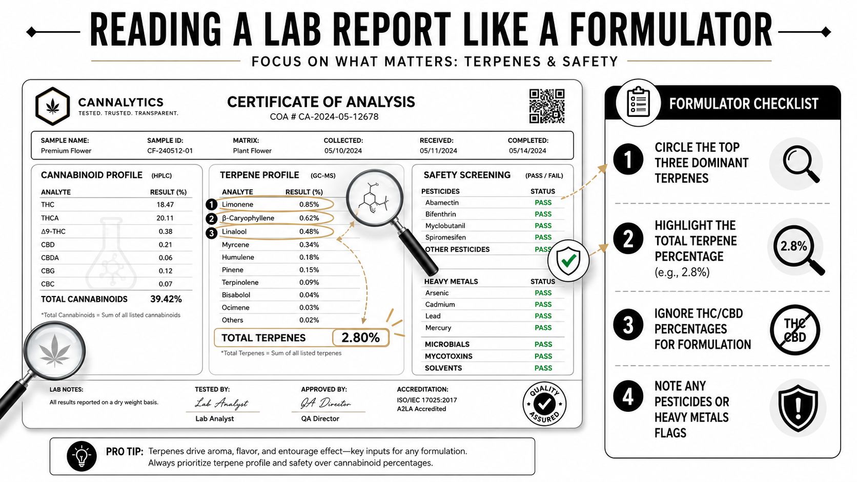 An educational infographic explaining how to read a cannabis lab report, highlighting terpenes and safety screenings.