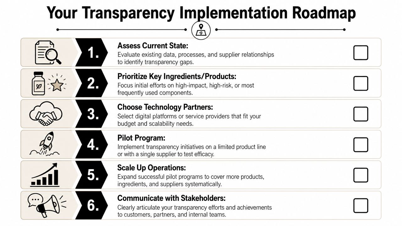 A six-step roadmap graphic illustrating the process for implementing supply chain transparency in business operations.
