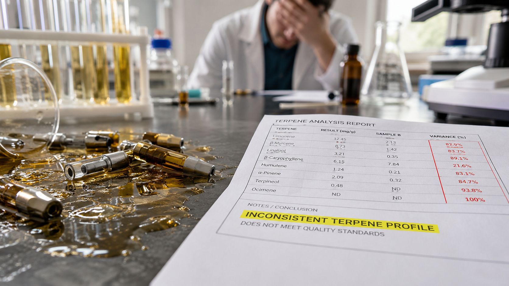 A frustrated scientist sits behind a desk featuring a failed terpene analysis report and spilled laboratory samples.